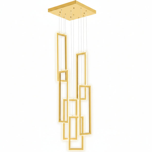 Contemporary Rectangle Chandelier Built for High Ceilings, 6 Ring LED Design, Adjustable 20-120 Inch, 60W