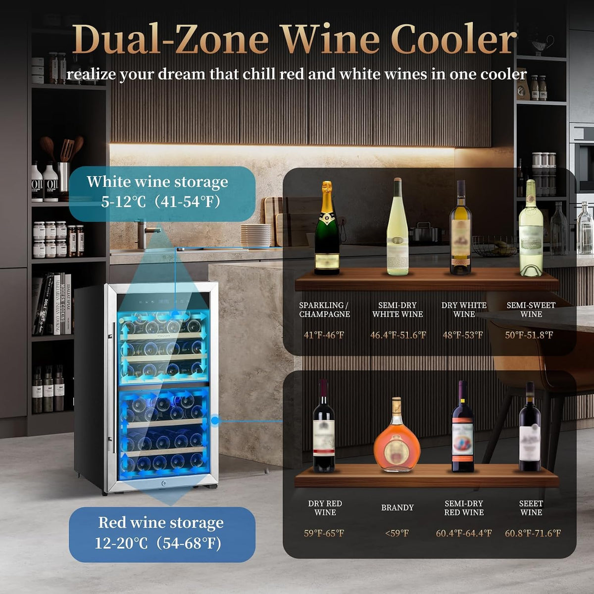 Wine Fridge 52-Bottle Wine Cooler Refrigerators Dual-Zone | Freestanding Compressor Cooling,With 41-68°F