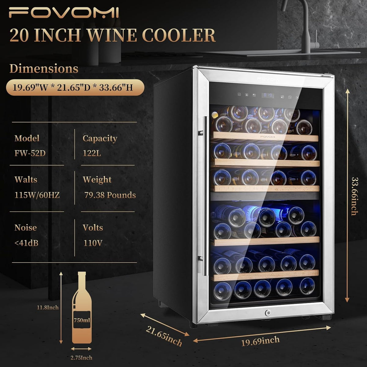 Wine Fridge 52-Bottle Wine Cooler Refrigerators Dual-Zone | Freestanding Compressor Cooling,With 41-68°F