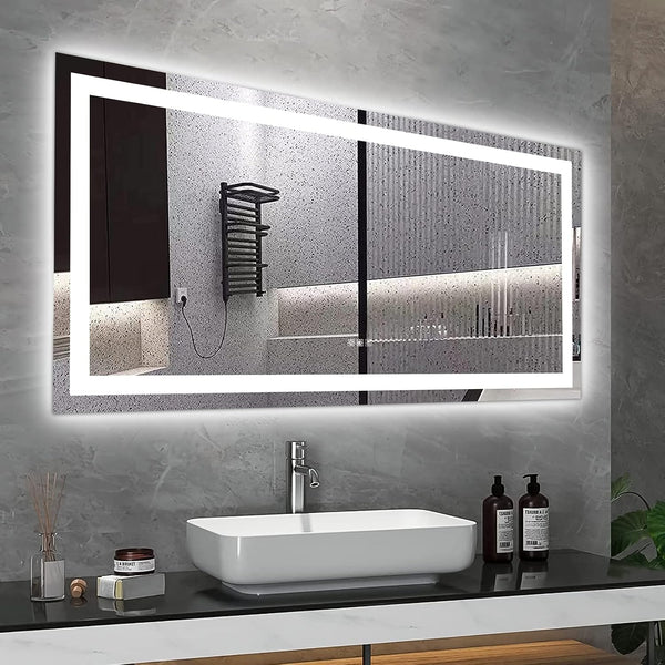 LED Bathroom Mirror Designed for Modern Bathrooms, 60x32 Inch Black Frame, 3 Color Dimmable, Anti-Fog Technology