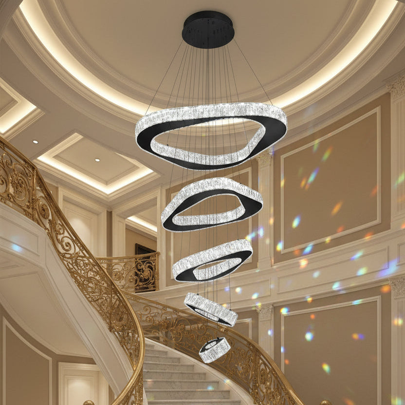 Large Modern Chandelier 5 Ring Chandeliers for High Ceiling Dimmable Black Chandelier High Ceiling Foyer Chandeliers for Living Room Dining Room Staircase
