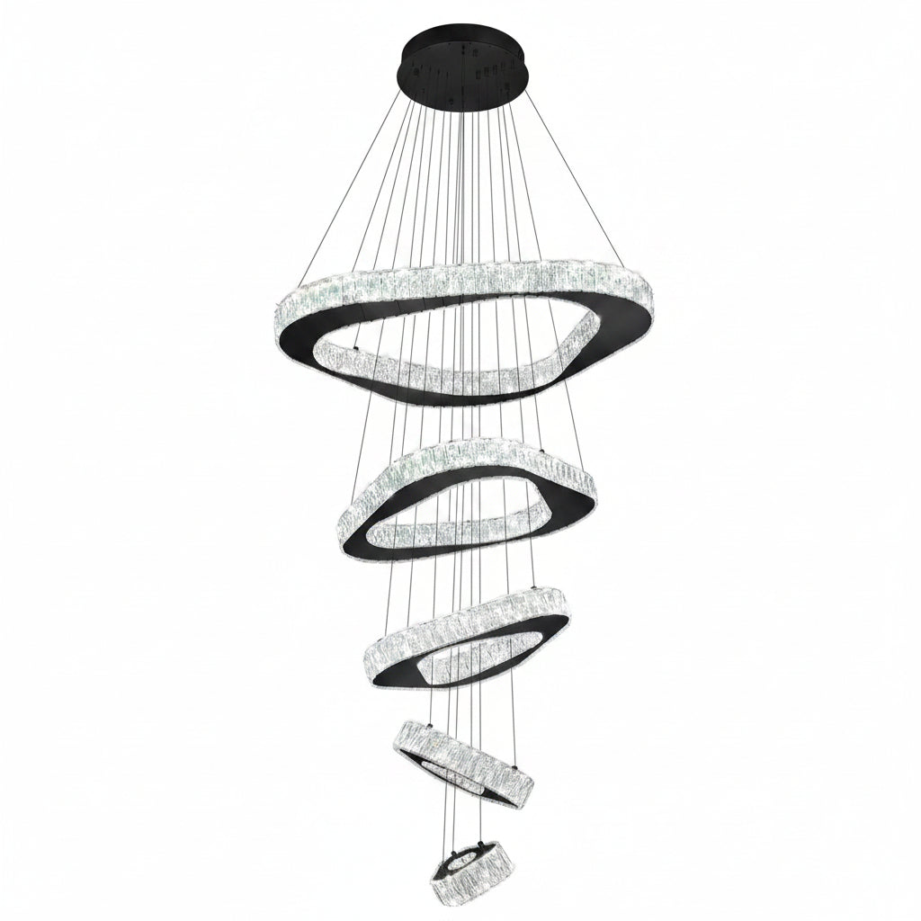 Large Modern Chandelier 5 Ring Chandeliers for High Ceiling Dimmable Black Chandelier High Ceiling Foyer Chandeliers for Living Room Dining Room Staircase