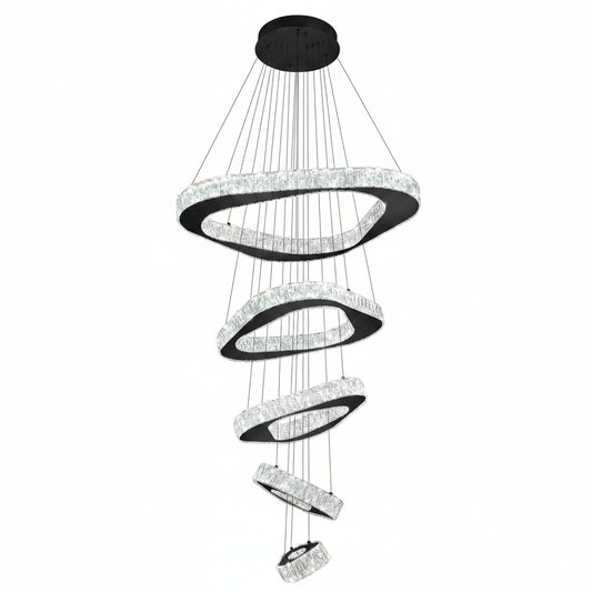 Large Modern Chandelier 5 Ring Chandeliers for High Ceiling Dimmable Black Chandelier High Ceiling Foyer Chandeliers for Living Room Dining Room Staircase