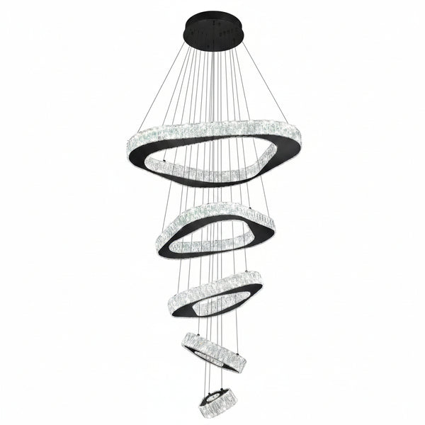 Large Modern Chandelier 5 Ring Chandeliers for High Ceiling Dimmable Black Chandelier High Ceiling Foyer Chandeliers for Living Room Dining Room Staircase