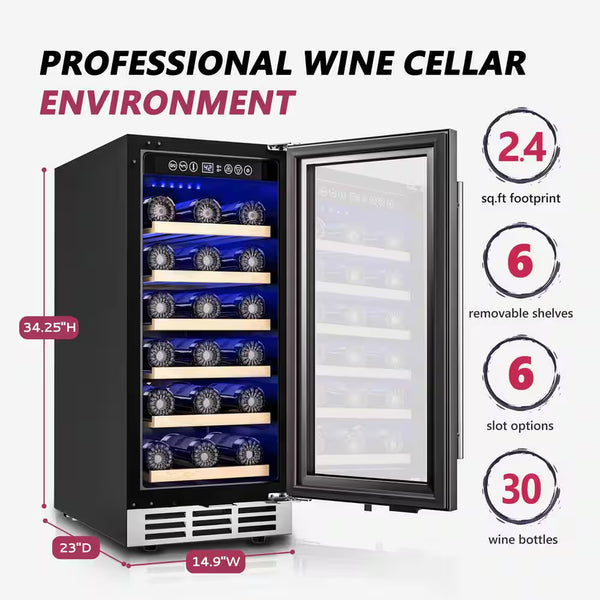 Wine Cooler Built for Precision Storage, 30 Bottle Single Zone, UV-Resistant Glass, Compressor Cooling