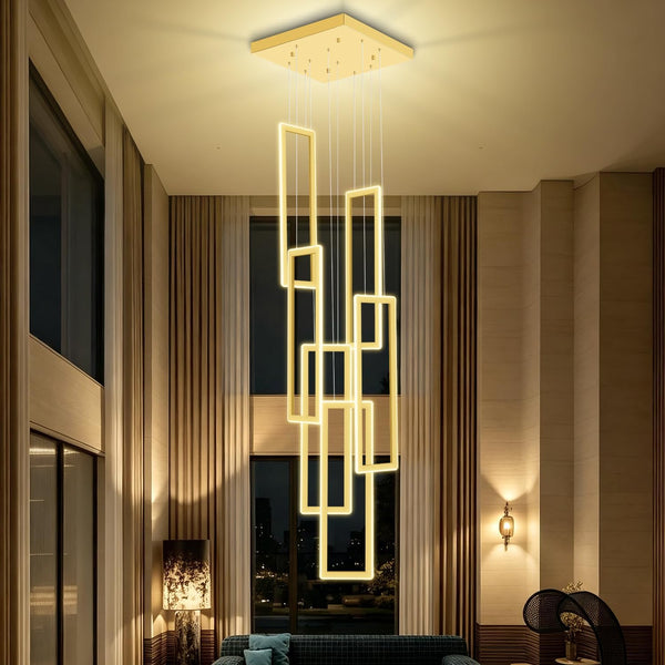 Contemporary Rectangle Chandelier Built for High Ceilings, 6 Ring LED Design, Adjustable 20-120 Inch, 60W