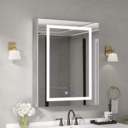 24 In. W X 30 In. H Rectangular Aluminum Light Medicine Cabinet with Mirror, Defogging, Mounted Recessed or Surface