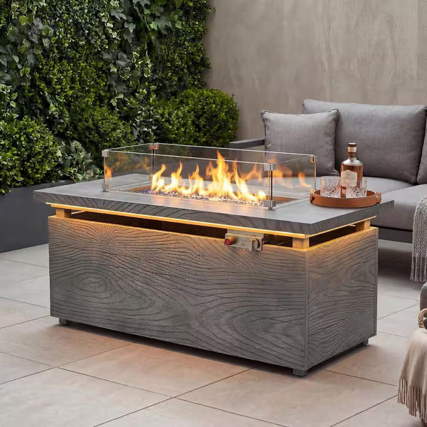 Rectangular Fire Pit Table Built for Outdoor Entertainment, 50,000 BTU Propane, Golden LED Light, Steel Top