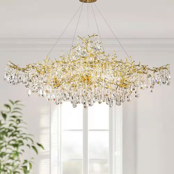 Linear Crystal Chandelier Built for Modern Elegance, 14-Light Gold Finish, Tree Branch Design, Dimmable G9 Base